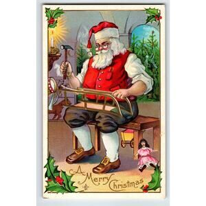 Christmas Postcard Santa Claus Making Sled Toy Doll Stecher Series 227 Unposted
